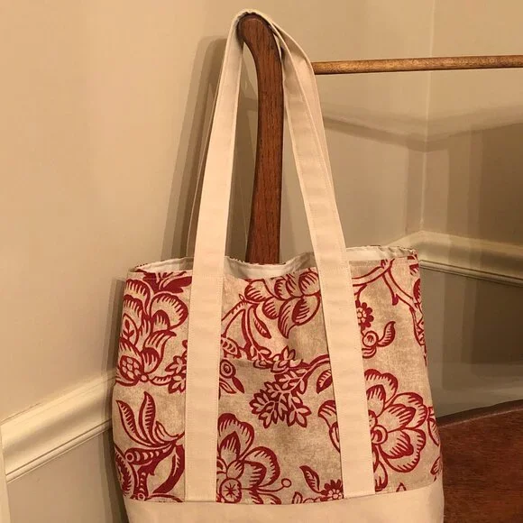 Red & Beige Floral Large Tote Bag / Canvas Fabric Beach Bag Handmade Purse NEW! - Picture 2 of 5